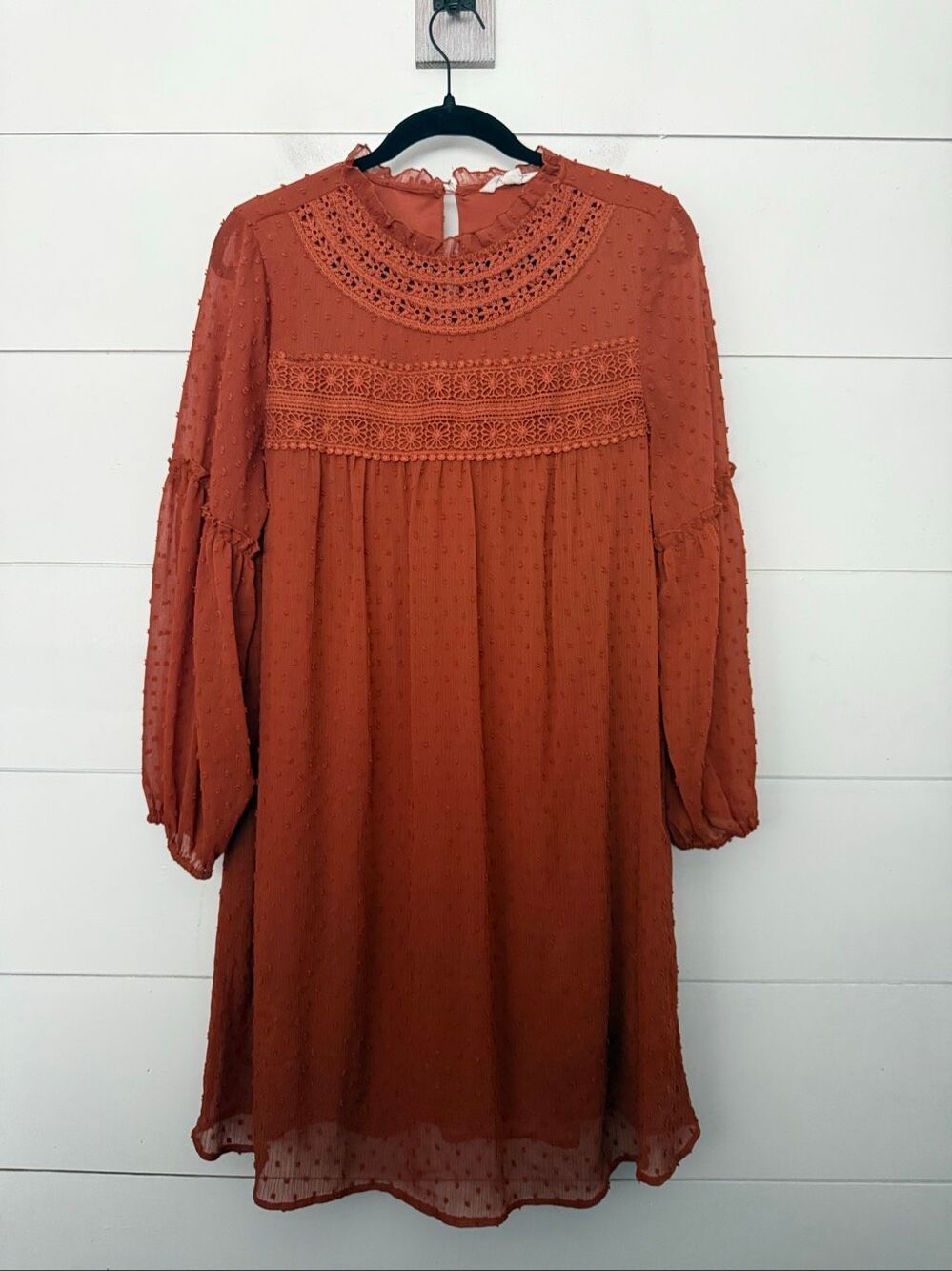 Linda Anderson Women’s Medium Copper Rust Boho Peasant Mini Dress Longsleeve